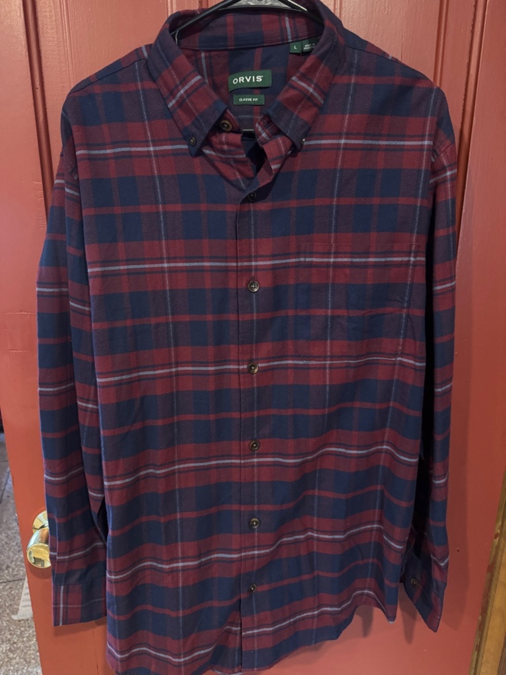 Orvis Men's Navy and Burgundy Plaid Button-Down Shirt